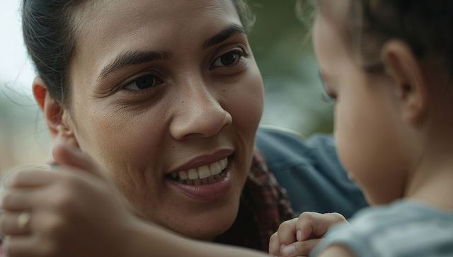 Mother smiling and holding toddler's hands in park closeup showing ring and scarf maternal bond