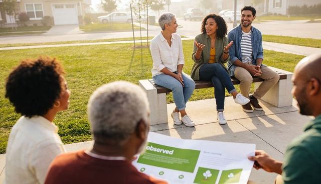 Neighbors discussing community plans on bench in sunny suburban green