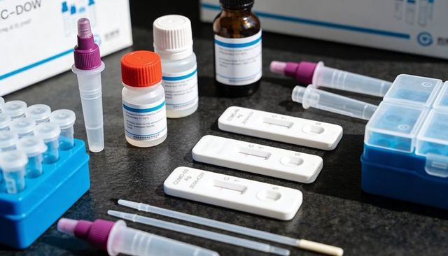 Rapid antigen lateral flow cassettes and test kit on clinical countertop with vials swabs