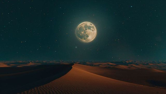 Serene desert dunes under moonlit night sky
