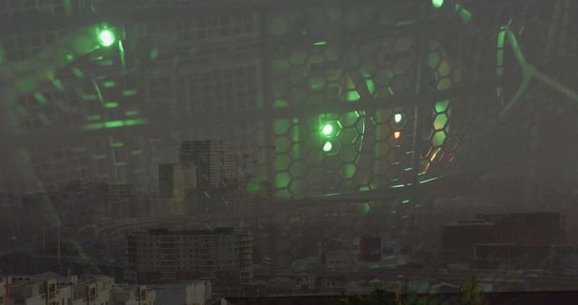 Urban skyline with ominous green-lit hexagonal mesh panel