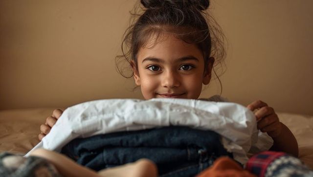 Smiling child holding folded white shirt and dark jeans on cozy bed with messy topknot bun