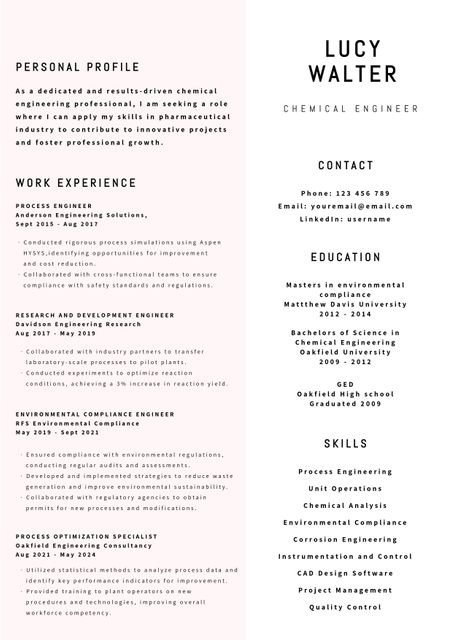 This resume template is ideal for chemical engineers and other technical job seekers. The template includes sections for personal profile, contact information, work experience, education, and skills. It highlights core competencies and accomplishments, making it an excellent choice for professionals looking to present their qualifications in a clear and organized manner. Suitable for career fairs, job applications, and professional networking.