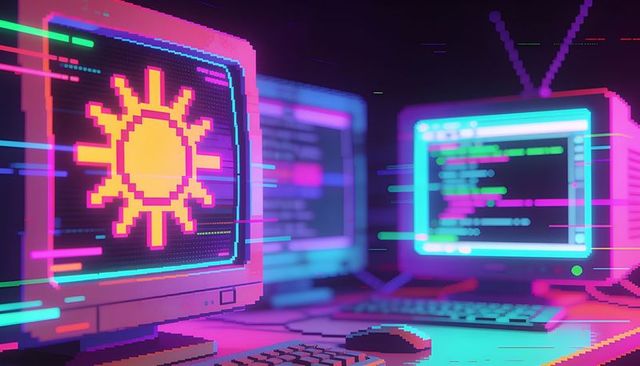 Glowing retro crts displaying pixel sun and neon code on synthwave computer desk