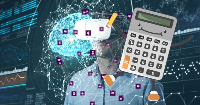 Image of connections, data and calculator over caucasian man in vr headset - Download Free Stock Photos Pikwizard.com