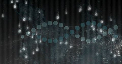Digital DNA double helix with falling binary code and neon cybernetic network visualization