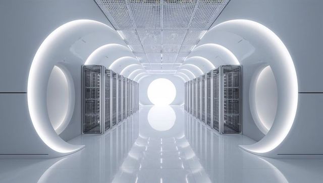 Futuristic data center with glow portal and stylish led racks