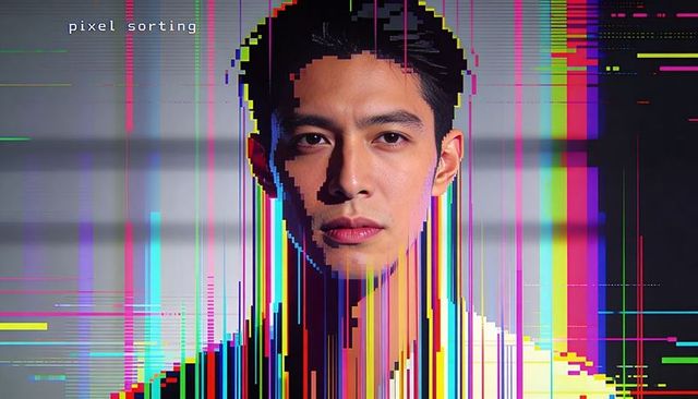 Pixel-sorted glitch portrait showing asian male with vibrant vertical color stripes
