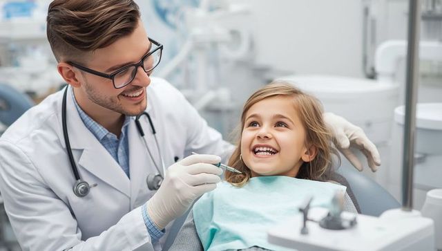 Smiling dentist examining child patient in dental office