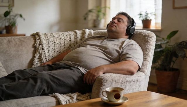 Man reclining on couch with headphones and coffee cup relaxing in cozy living room