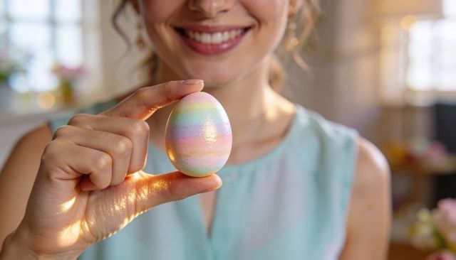 Smiling woman holding pastel-striped easter egg closeup, spring craft home decor seasonal