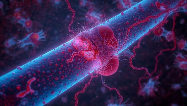Microbes attaching and forming biofilm on filament with neon cyan and crimson accents