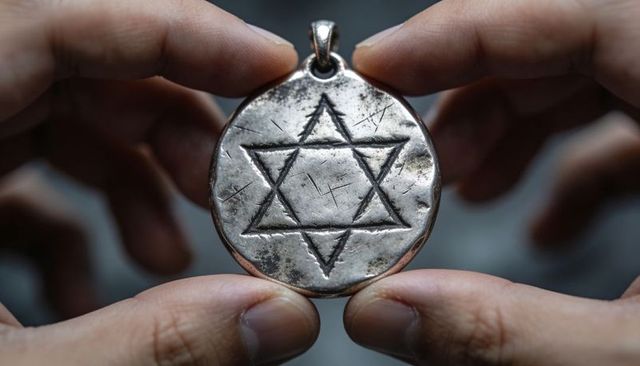 Hands holding antique silver pendant engraved with six-pointed star, macro jewelry detail