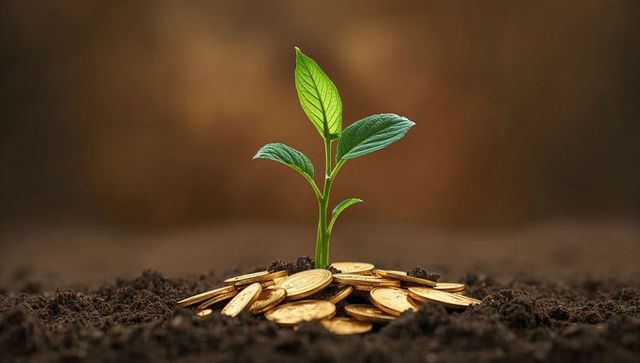 Green Seedling Growing on Pile of Gold Coins in Soil Concept for Investment Growth
