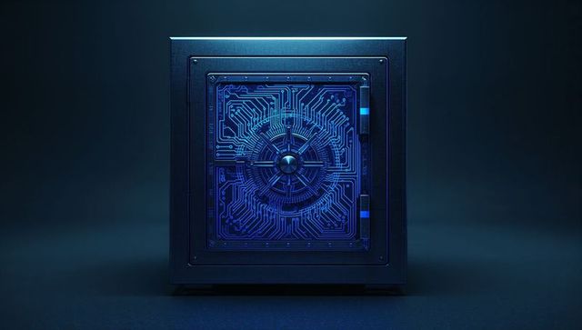 Futuristic vault door with neon blue circuitry featuring cyber lock