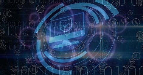 Digital interface concept with computer icon and binary data