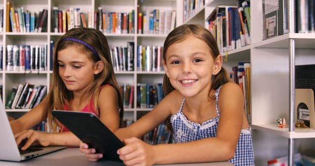 Smiling Schoolgirl Using Digital Tablet in Library - Download Free Stock Images Pikwizard.com