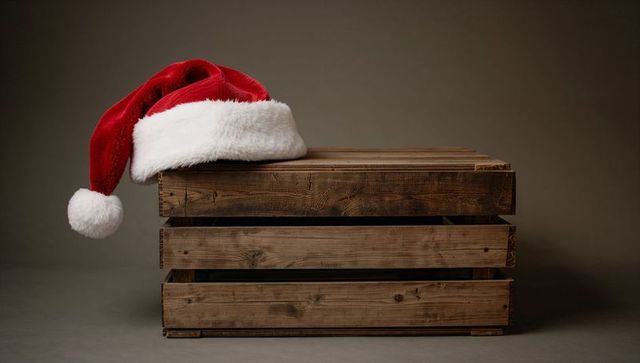 Rustic wooden crate topped with santa hat showing holiday decor, vintage christmas prop