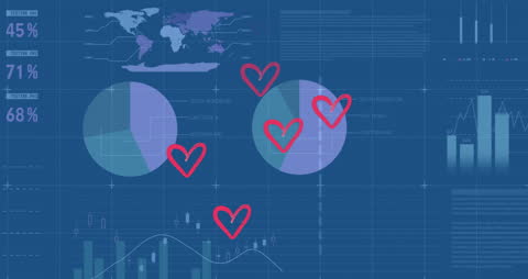 Financial Data and Hearts Overlay on Blue Background
