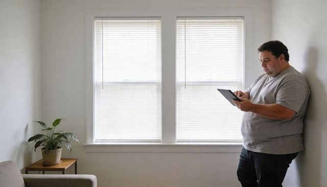 Man leaning on wall using tablet by sunlit blinds in minimalist neutral living room corner