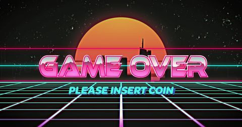 Retro Futuristic Game Over Screen with Sunrise