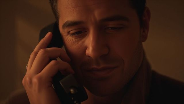 Listening man holding corded telephone in warm moody interior