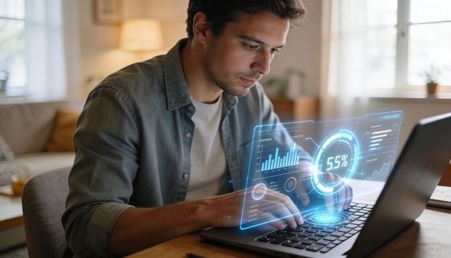 Remote analyst working with holographic ar data dashboard on laptop in home office