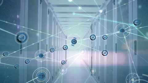 Futuristic Digital Network Superimposed on Data Center Servers