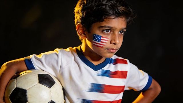 Determined young soccer player wearing us flag face paint holding ball patriotic sports