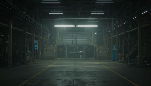 Empty industrial warehouse bay featuring mezzanine and fluorescent lighting