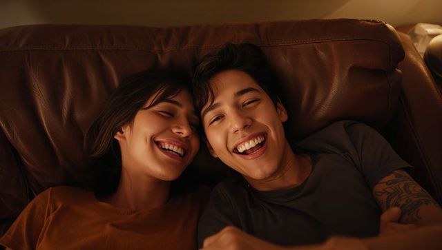 Young couple laughing on brown leather sofa in warm ambient light, cozy intimacy