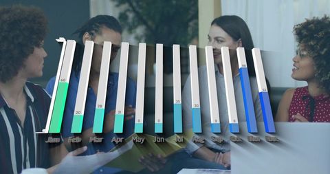 Team discussing monthly performance with 3d bar chart overlay in collaborative office presentation