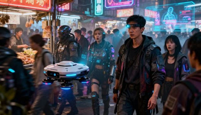 Leading Asian man guiding AR team through neon night market with hovering drone