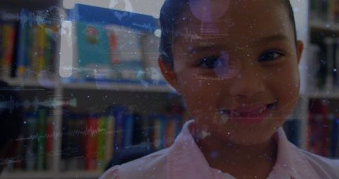 Smiling child wearing pink shirt in library with digital learning overlay and books
