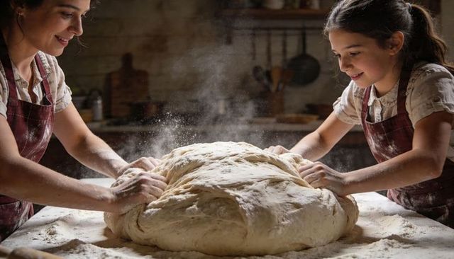 Mother and daughter kneading rustic bread dough together in sunlit farmhouse kitchen