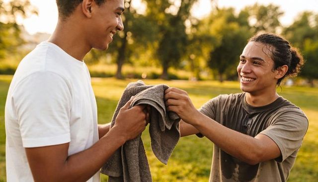 Two Teen Friends Sharing Towel After Outdoor Workout in Sunlit Park Smiling and Laughing