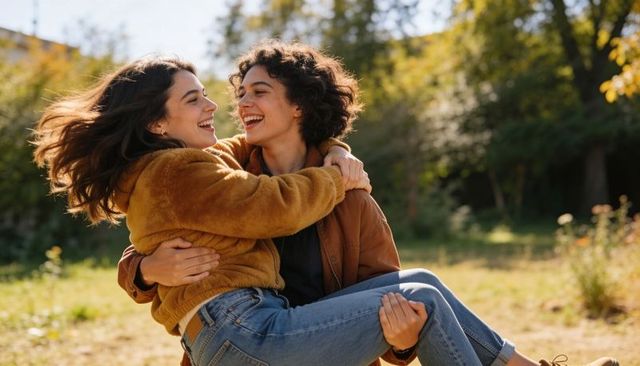 Young couple laughing and embracing while carrying partner in sunlit park, casual jackets