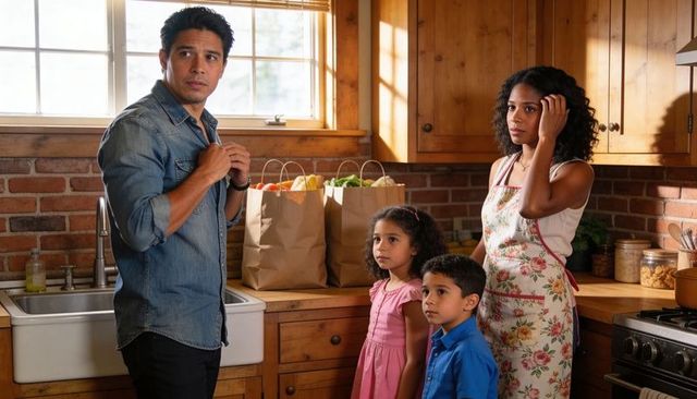 Multicultural family pausing in rustic farmhouse kitchen with grocery bags and warm light