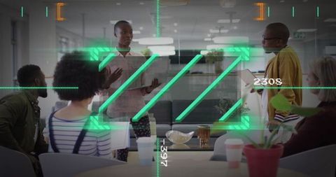 Innovative Teamwork Meeting Featuring Modern Technology Overlay