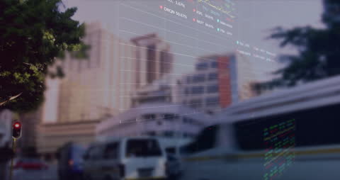 Digital Stock Data Overlay on Urban Street with Moving Vehicles