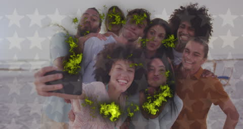 Diverse Group Enjoying Beach Selfie for Independence Day Celebration
