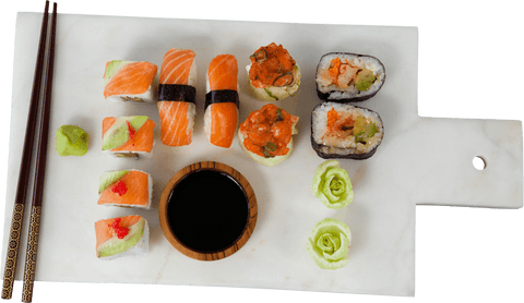 transparent sushi selection on white marble platter with chopsticks - Download Free Stock Videos Pikwizard.com