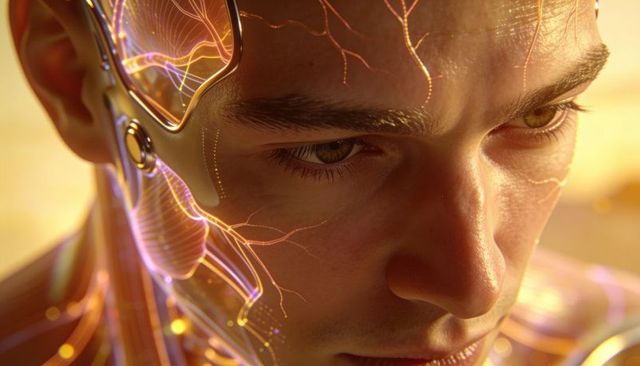 Gazing cyborg male portrait with glowing neural filaments and metallic facial augmentation