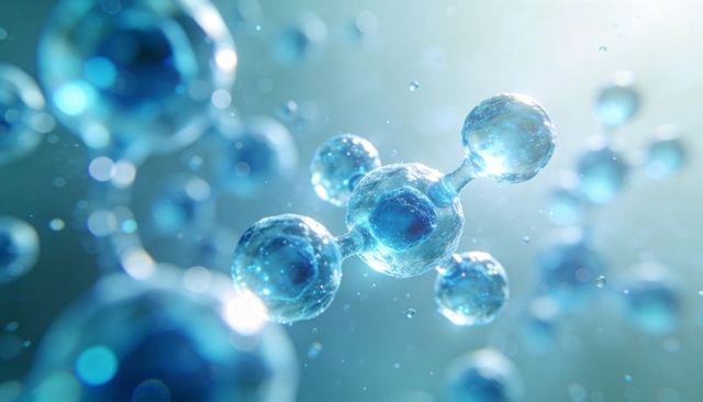 Glowing blue molecular cluster floating in nanoscale space with connected spherical atoms