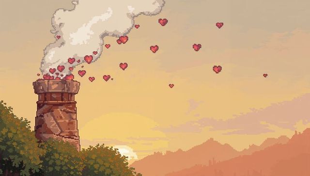 Retro pixel chimney sending heart pixels into golden sunset sky, romantic 8-bit landscape