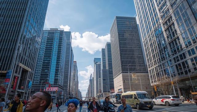 Pedestrians crossing wide downtown avenue framed by glass skyscrapers under blue sky