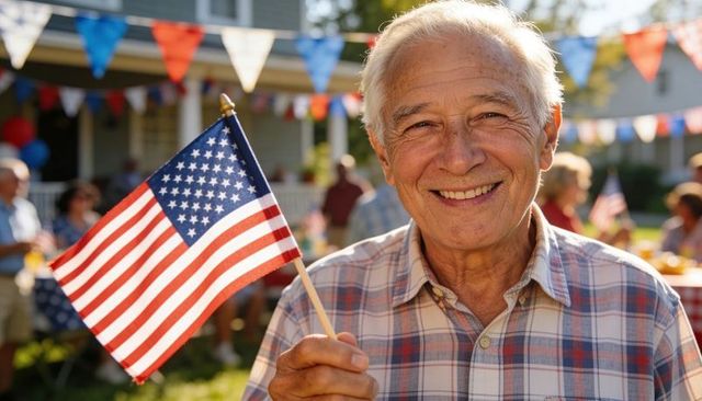 Smiling senior man holding american flag at backyard july 4 neighborhood picnic