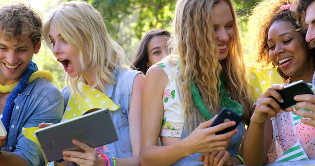 Young Adults Laughing and Using Gadgets Outdoors at Festival - Download Free Stock Images Pikwizard.com