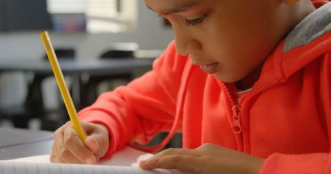Focused Schoolboy Writing in Notebook in Classroom