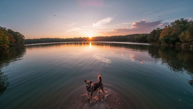 Dog standing in shallow lake creating ripples at sunset with forest reflections